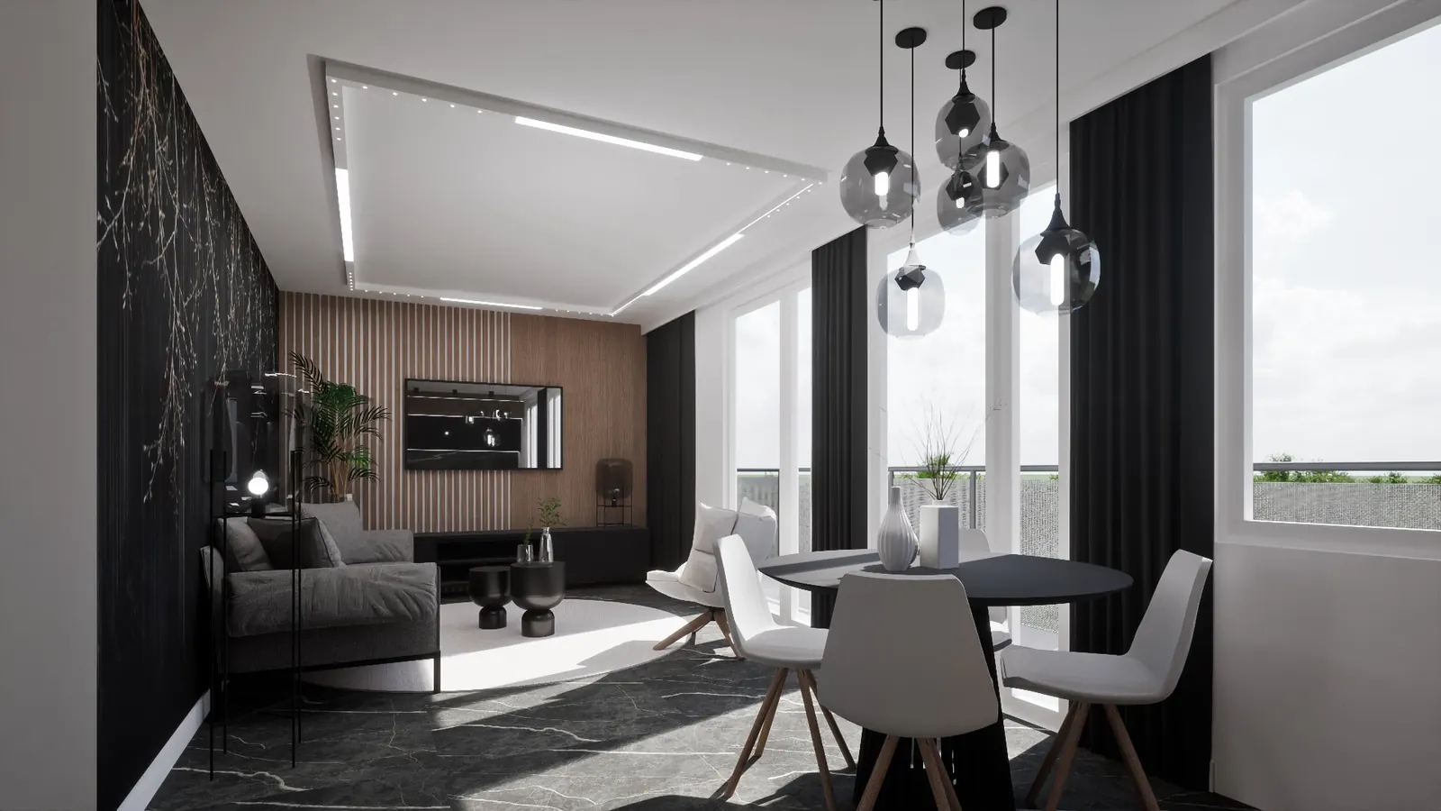 Salon apartamentu z ciemną ścianą i lampami wiszącymi